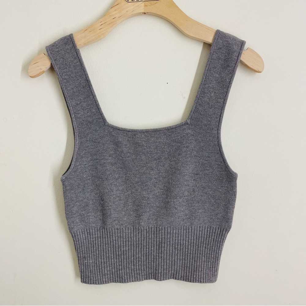 H&M Gray Ribbed Knit Square Neck Crop Tank